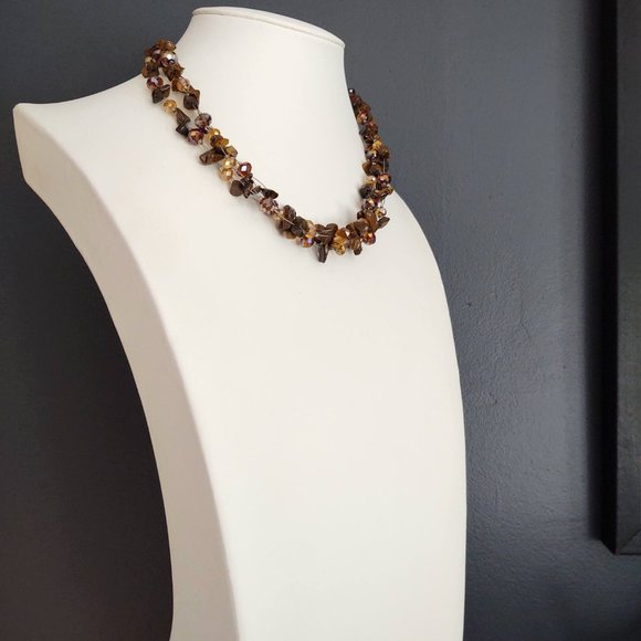 Brown stone & cognac crystal bead necklace on wire - Picture 3 of 7
